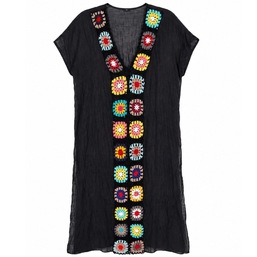 Black Crochet Granny Square Maxi Caftan‎ Boho Beach Swim Cover Resort Wear L/XL - Picture 2 of 6